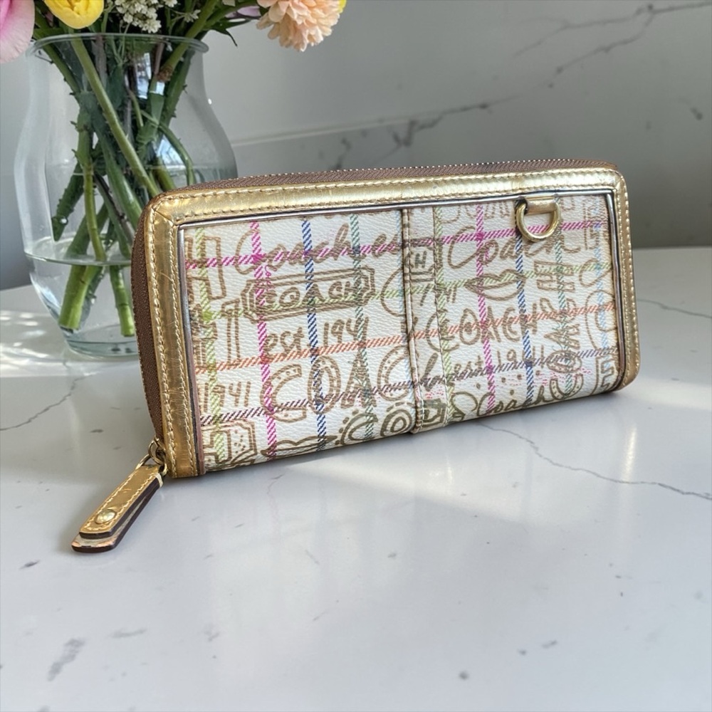 Coach Tattersall Gold Metallic Graffiti
Script Signature Zip Wallet  Gold Trim